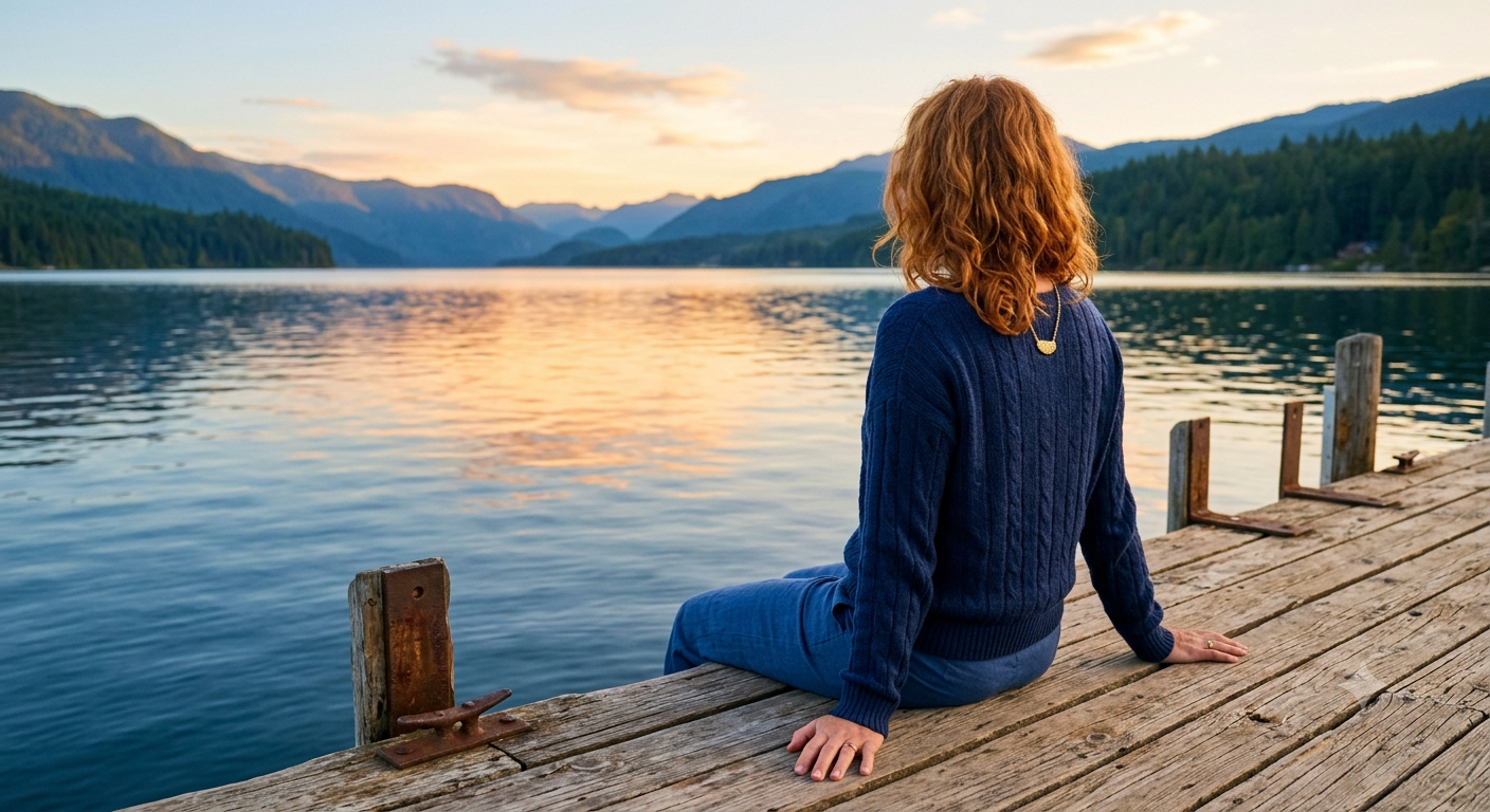 Femme sereine au bord d'un lac